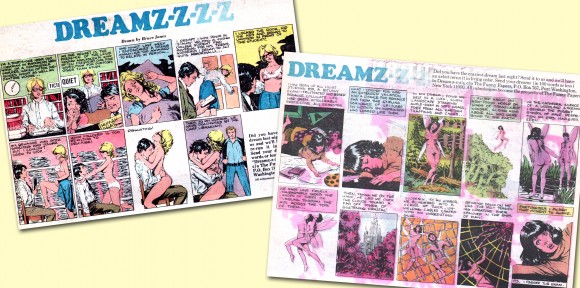 Triple-threat Bruce Jones, renowned comic book writer, artist and editor, was delineator for a series of dream interpretations on the regular Funny Papers feature, Dreamz-z-z, where readers would share their nocturnal fantasies and Jones would draw it all out. The reddish stains on the right strip, alas, were a printing defect marring my copy. ©2013 the respective copyright holders.