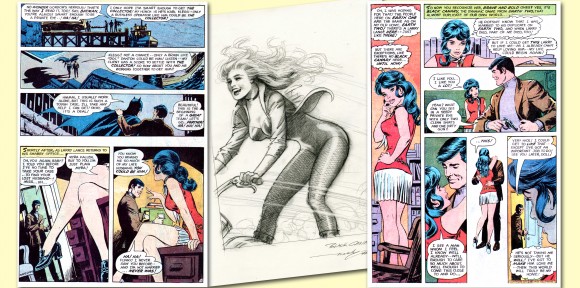 Dig them pleats! Two consecutive pages from B&B #91, the left innovatively depicting the passage of time — or a chapter break, as Nick says — with added space between panels. The right is one hot Dinah Lance, a.k.a. that “dynamic dame from Earth-Two,” the Black Canary. In center is a 2005 commission piece by Nick that was auctioned off by Heritage. TM & © DC Comics.