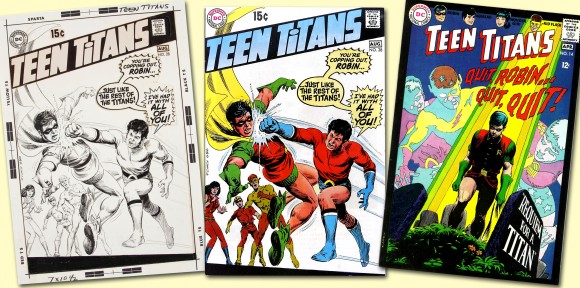 Nick discusses the cover of Teen Titans #28 28 [July–Aug. 1970] where Aqualad takes a sock at Robin, and we’ve thrown in a classic Cardy TT cover, #14 [Mar.–Apr. 1968] for good measure. TM & © DC Comics.