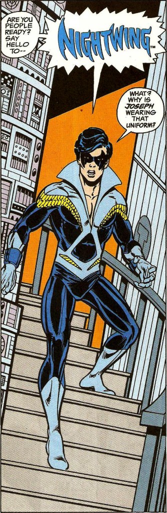 Dick forgoes the short pants and steps out as Disco Nightwing for the first time. Tales of the Teen Titans #44. July 1984.