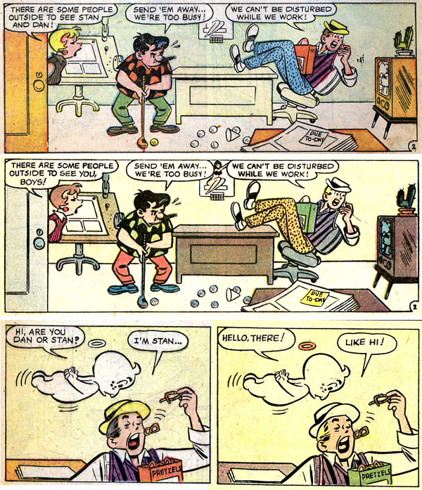 Panels printed in original Homer, The Happy Ghost #18 (March 1958) were reprinted in Homer, The Happy Ghost #1 (November 1959), removing reference to Dan DeCarlo’s name.