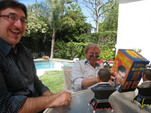 Ruben and Adam West, with some of Ruben's sculptures of the actor.