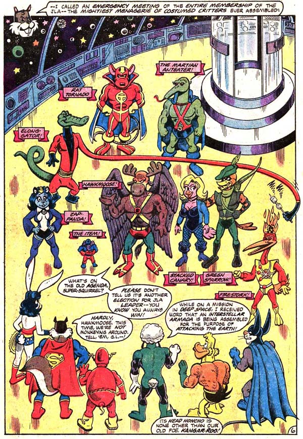 Panel from Captain Carrot and His Amazing Zoo Crew! #14 (1983), plot by E. Nelson Bridwell, script by Scott Shaw!, art by Scott Shaw!, Al Gordon, and Carol Lay