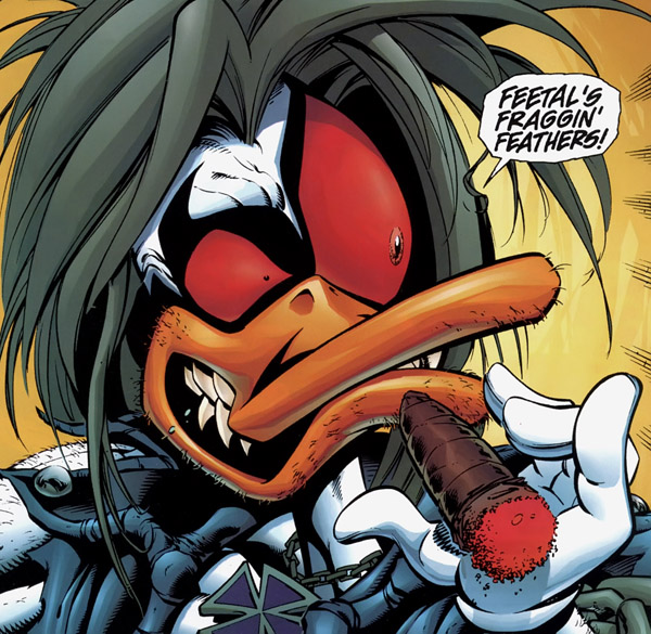 Panel from Lobo the Duck #1 (1997), script by Alan Grant, art by Val Semeiks and Ray Kryssing