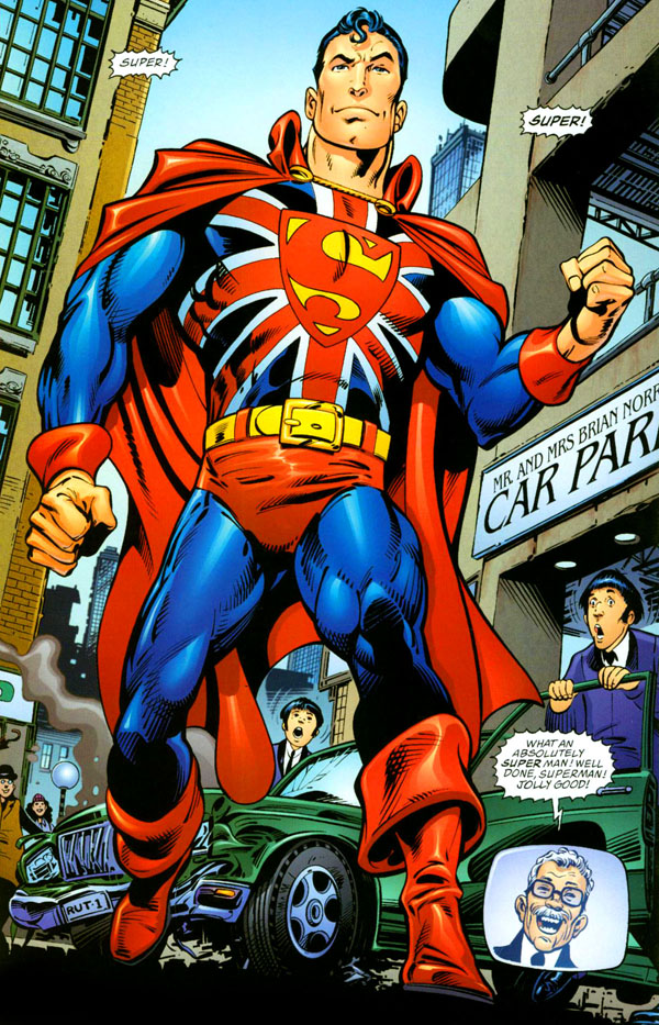 Panels from Superman: True Brit graphic novel (2004), script by John Cleese and Kim "Howard" Johnson, art by John Byrne and Mark Farmer