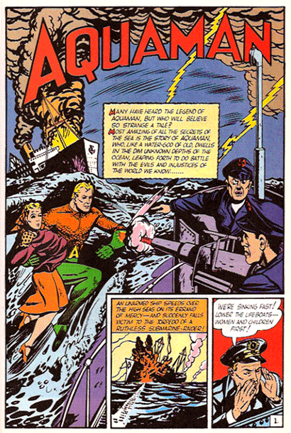 Aquaman's first, ahem, splash page, from More Fun #73, cover-dated Nov. 1941. Art by Paul Norris.