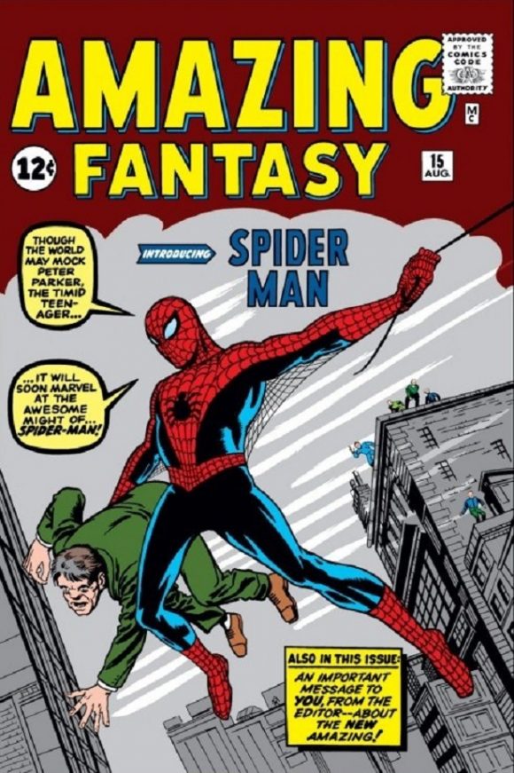 Front cover of Spiderman's first appearance in a comic book Amazing Fantasy number 15 August 15, 1962 cover and read free